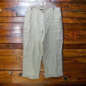 THEORY Size 10 100% Linen Cropped Ankle Pants Oatmeal‎ Fringe Hem Cotton Lined